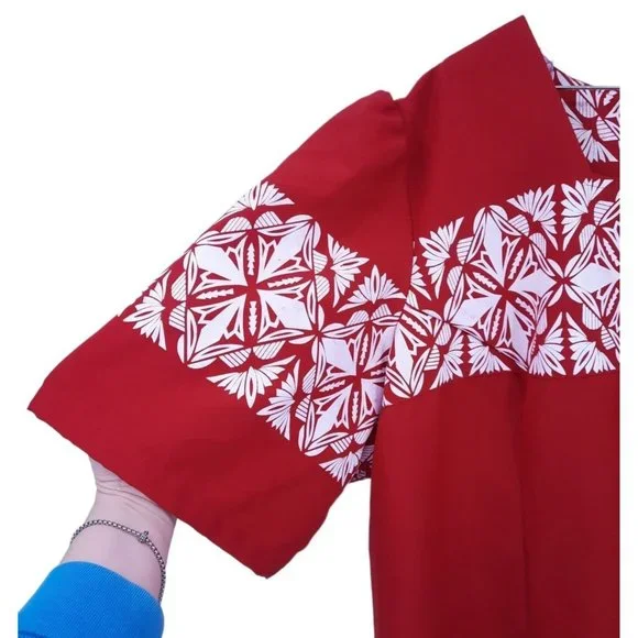 VTG 80s Red Hawaiian Puff Sleeve Square Neck Blouse Wrap Skirt Set Plus Size 5X - Picture 3 of 11